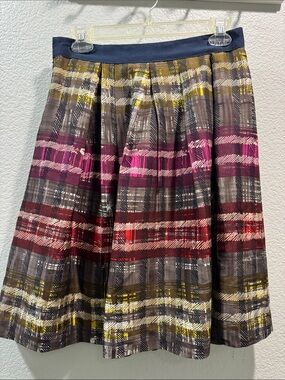 Trina Turk Multicolor Plaid A-Line Skirt with Navy Waistband